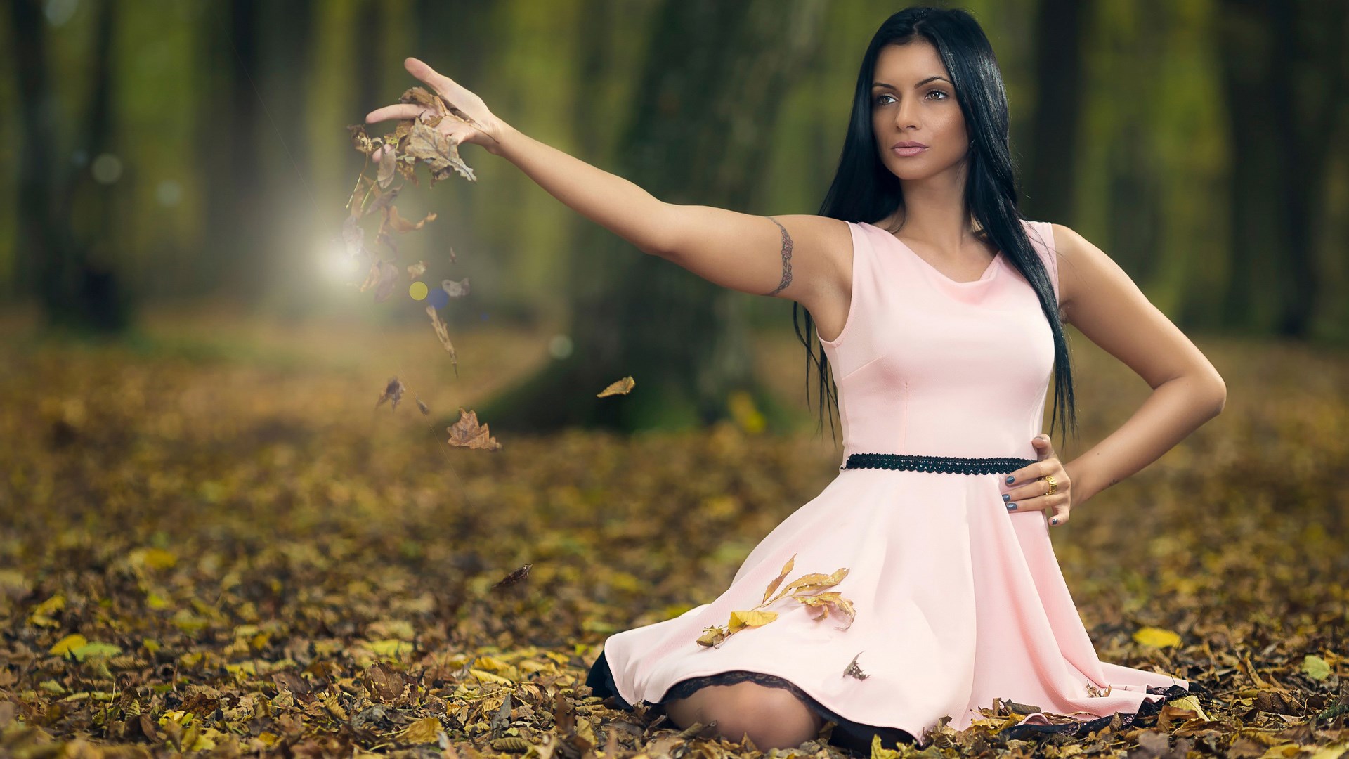 Woman in pink dress in autumn forest HD Wallpaper
