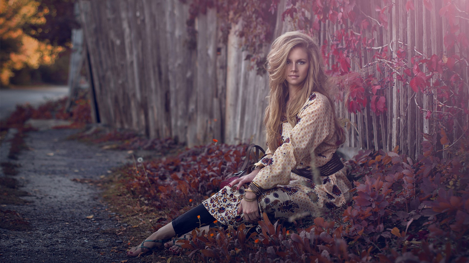 Woman sitting by a wooden fence in autumn HD Wallpaper