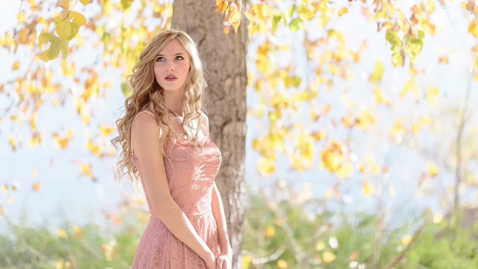 Young woman in pink dress standing near a tree HD Wallpaper