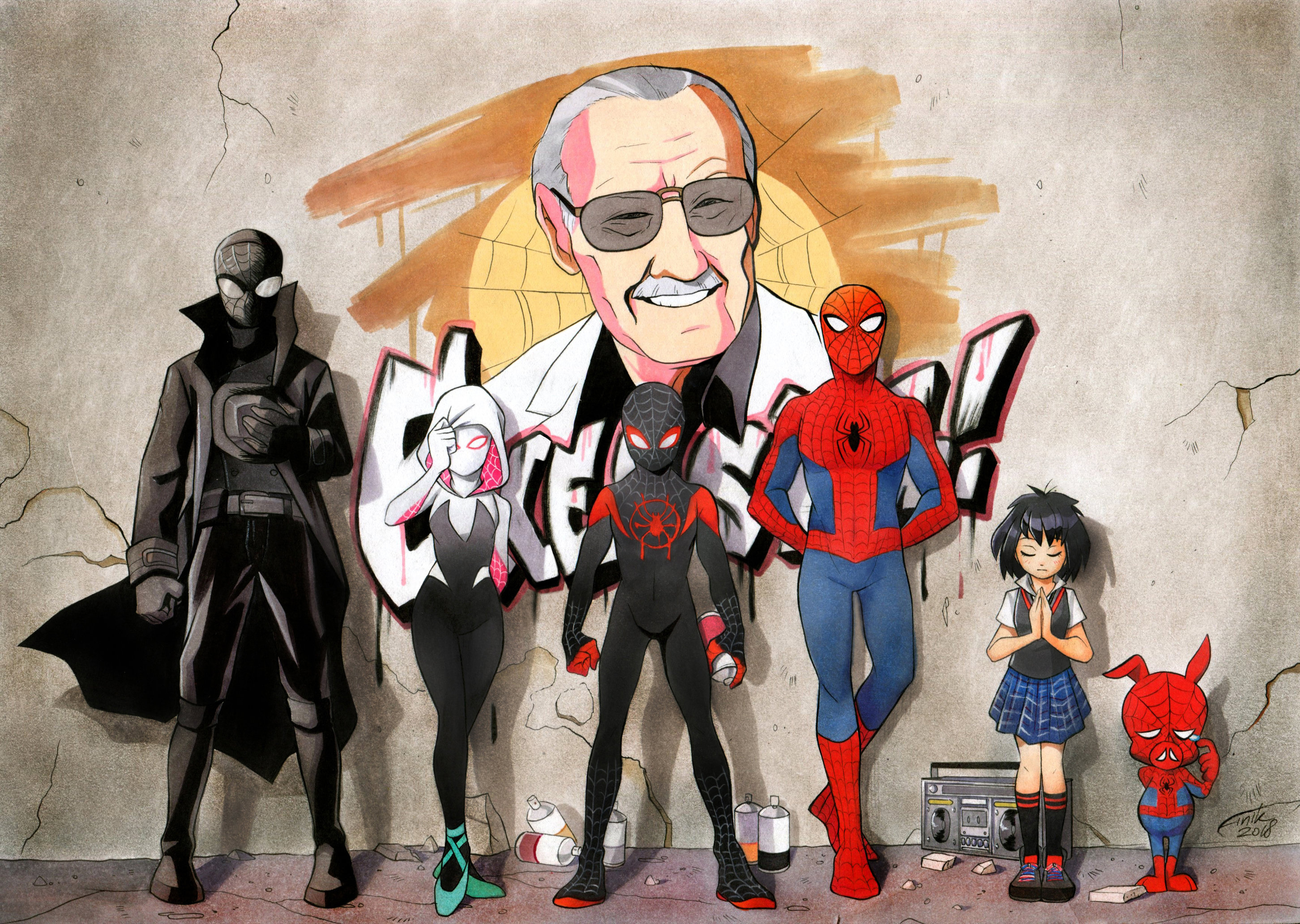 Stan Lee and Spider-People in front of graffiti HD Wallpaper