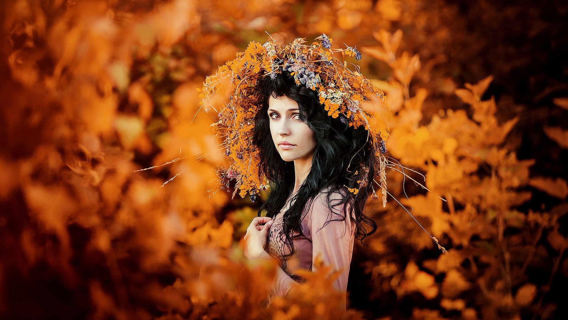 Woman with flower crown in autumn foliage HD Wallpaper