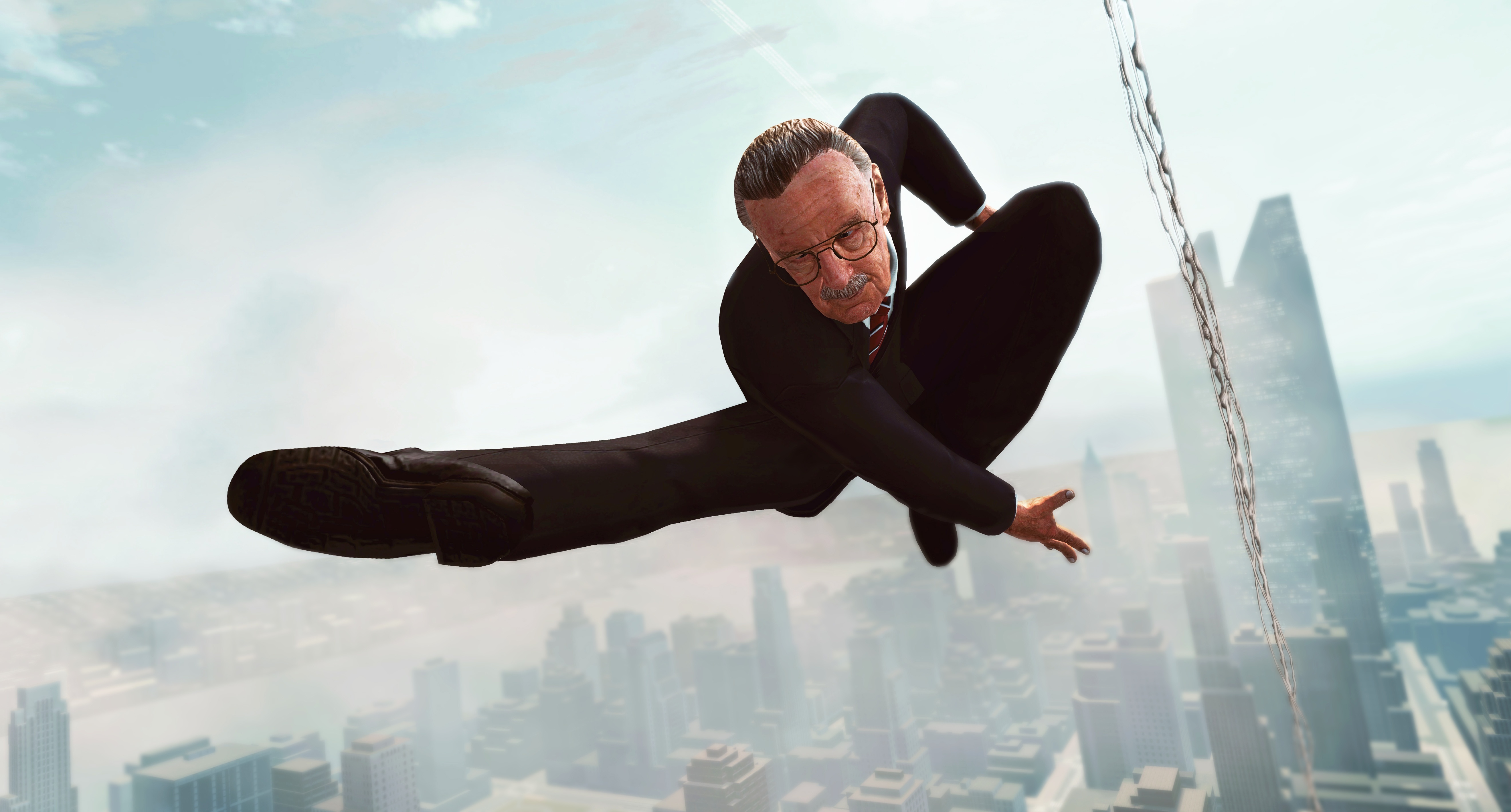 Stan Lee from Spider-Man swinging through a city HD Wallpaper