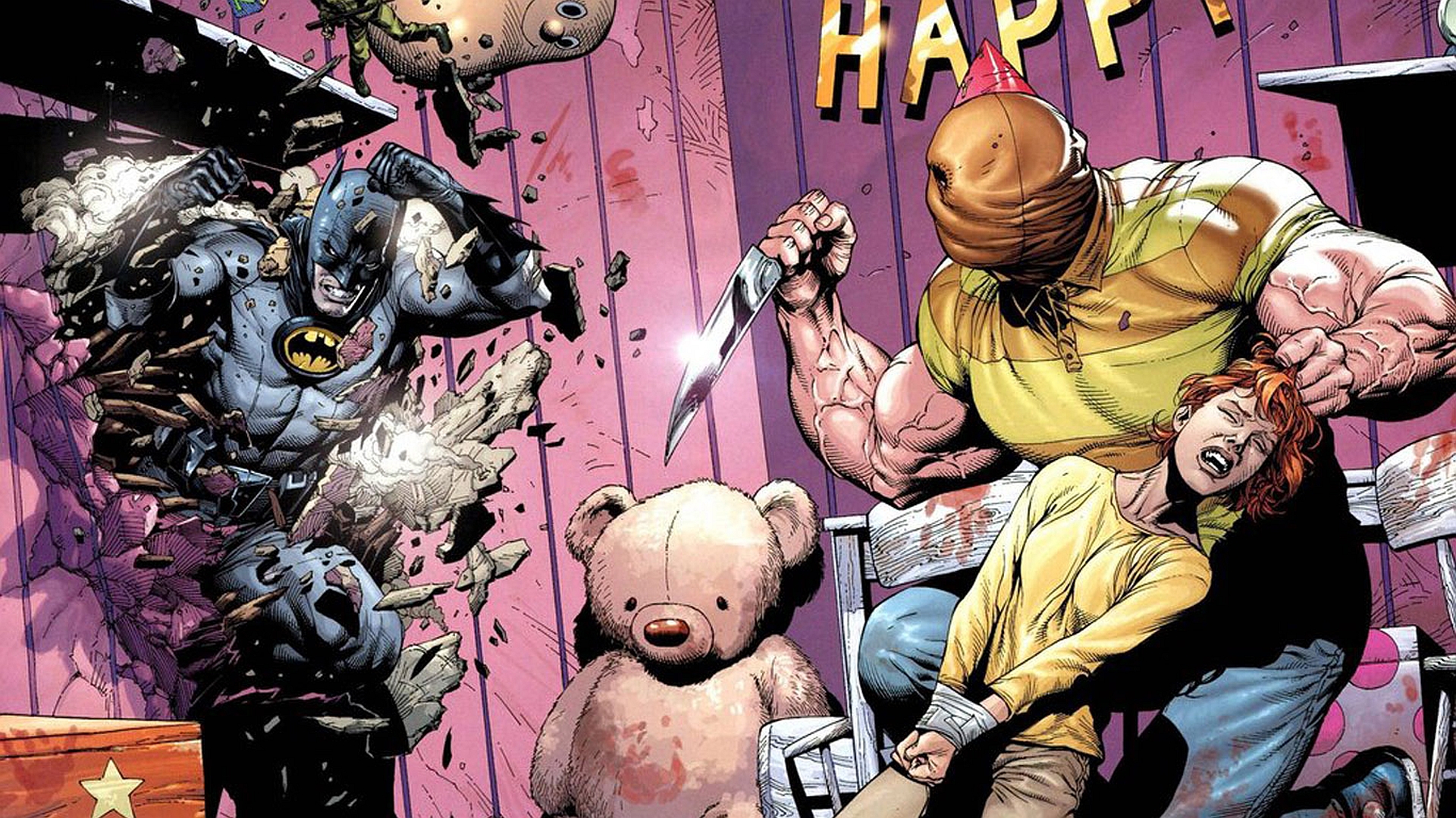 Batman fighting villains in a room with toys HD Wallpaper