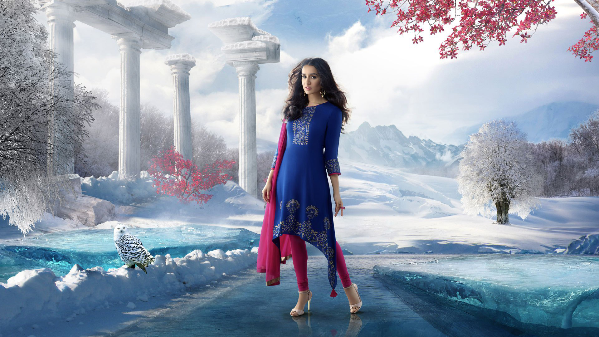 Shraddha Kapoor in a blue dress in a winter landscape HD Wallpaper