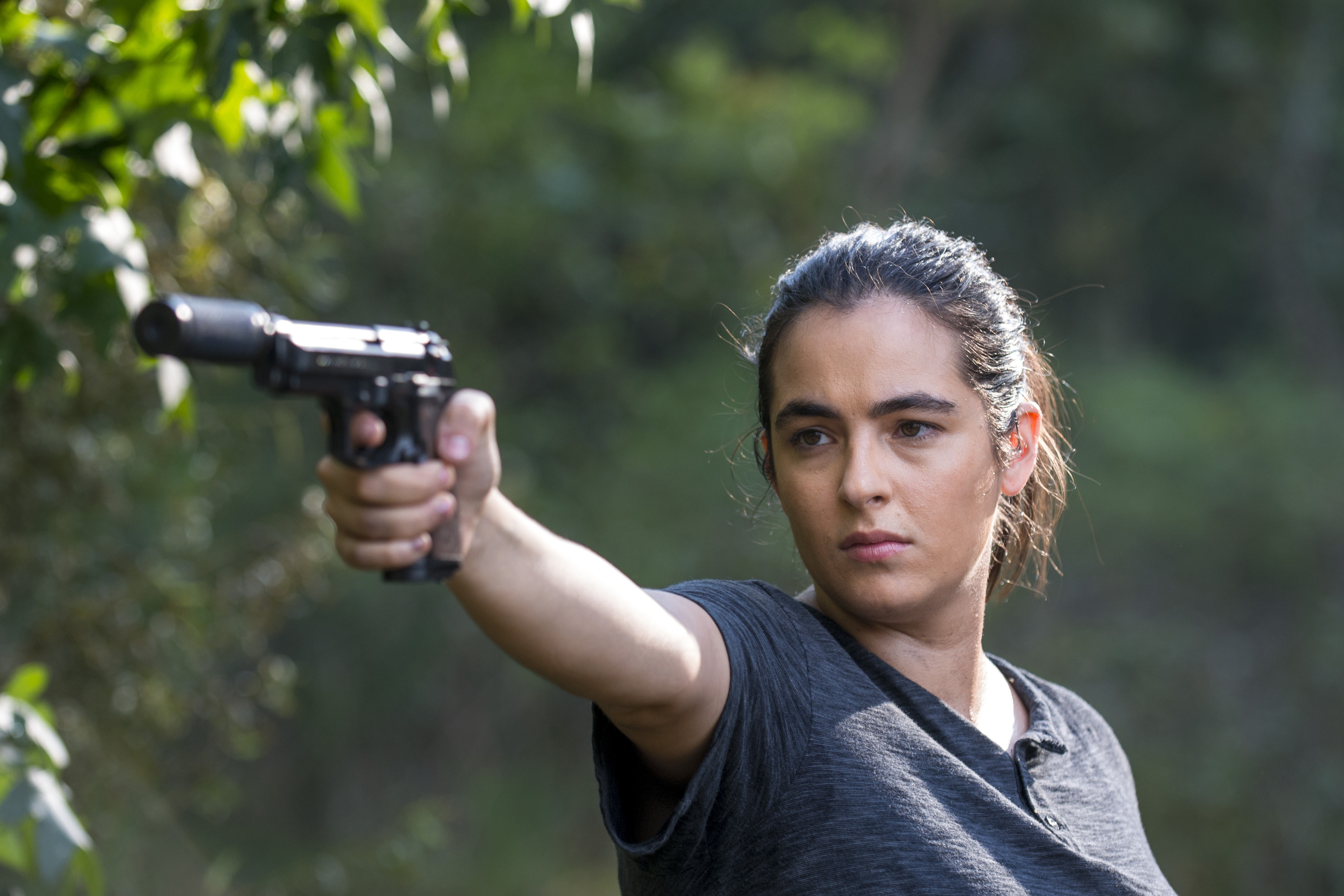 Alanna Masterson holding a gun HD Wallpaper