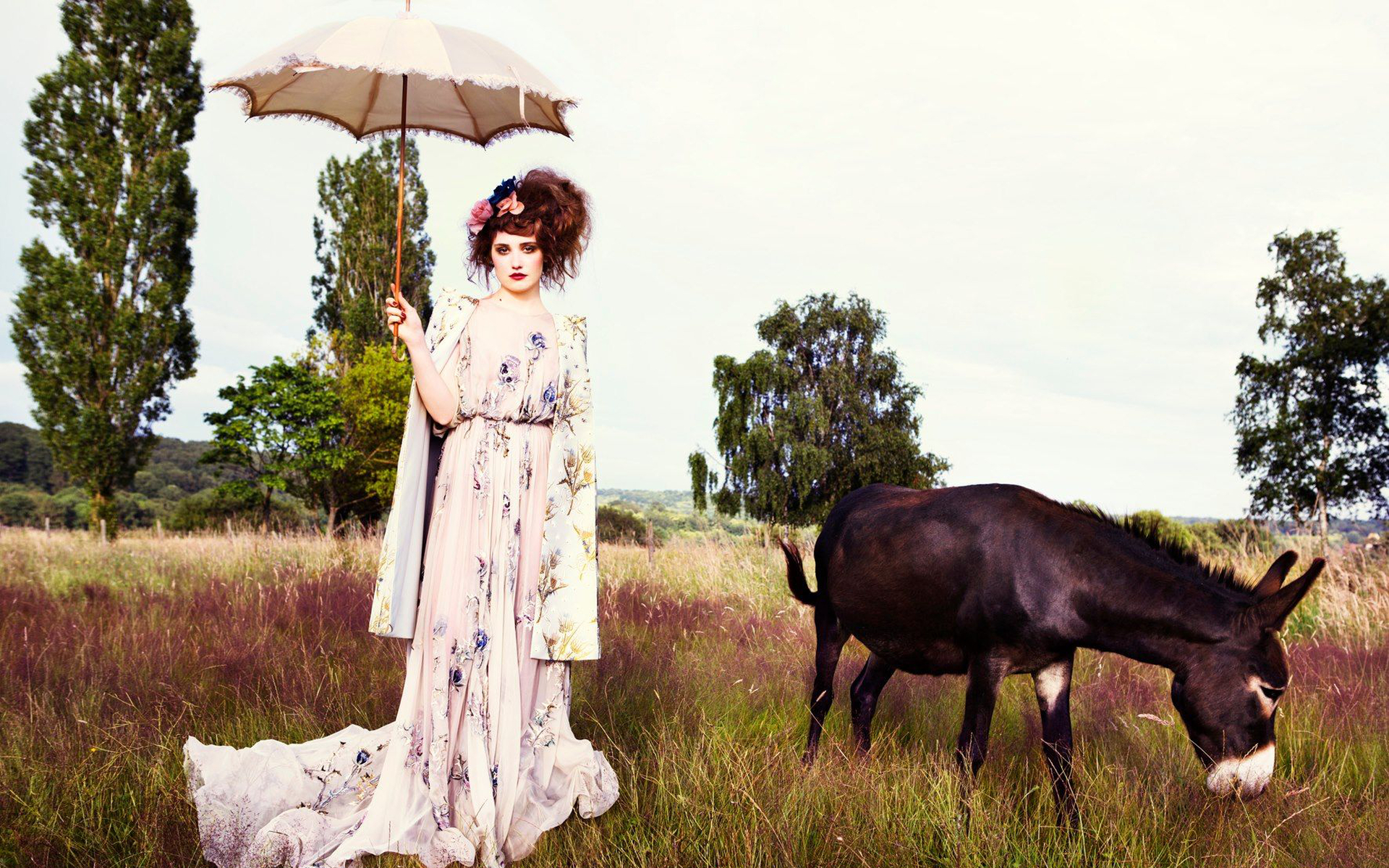 Déborah François with umbrella and donkey HD Wallpaper