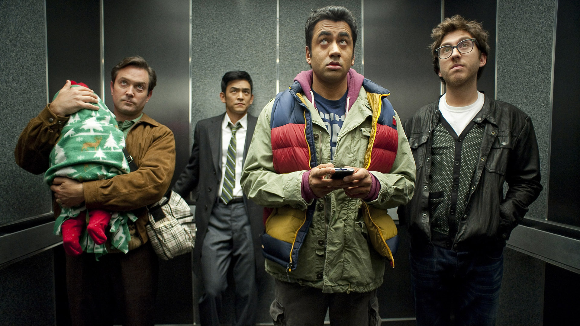 Four men and a baby in an elevator HD Wallpaper