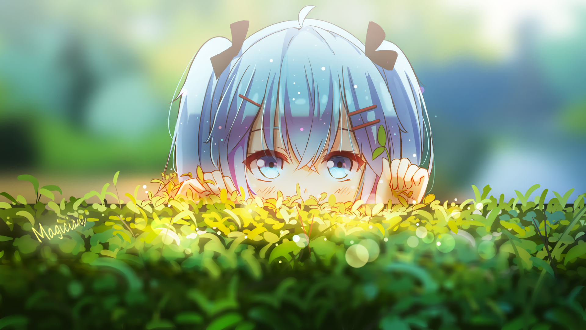 Anime girl with blue hair peeking over bushes HD Wallpaper