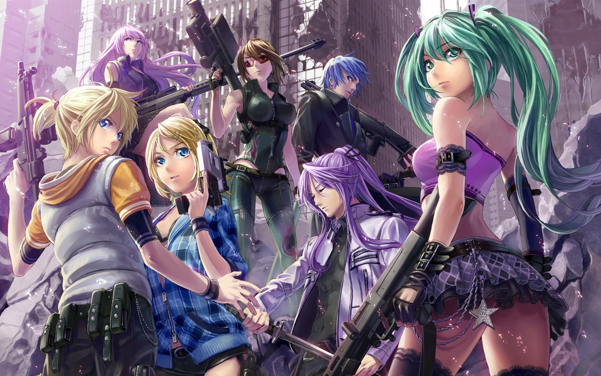 Anime characters with guns in ruined city HD Wallpaper