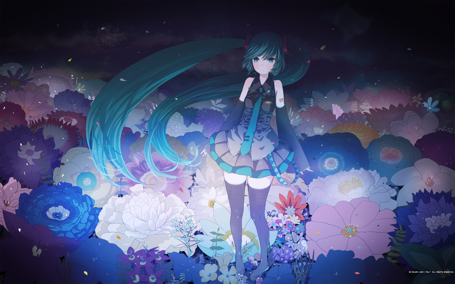 Hatsune Miku in a field of flowers HD Wallpaper