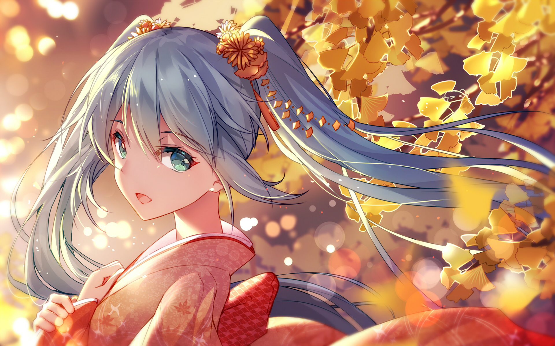 Hatsune Miku in Kimono with Ginkgo Leaves HD Wallpaper