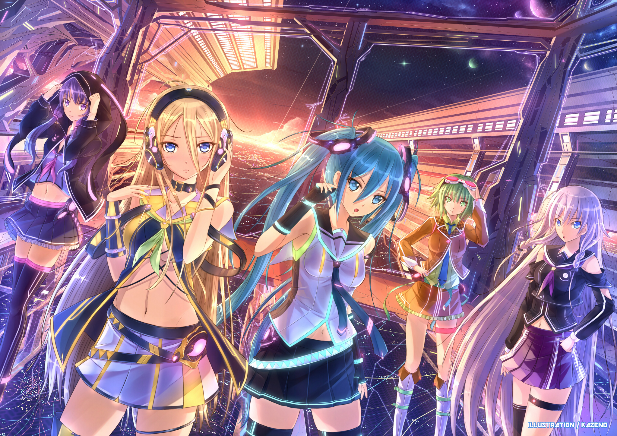 Vocaloid characters in a futuristic setting HD Wallpaper