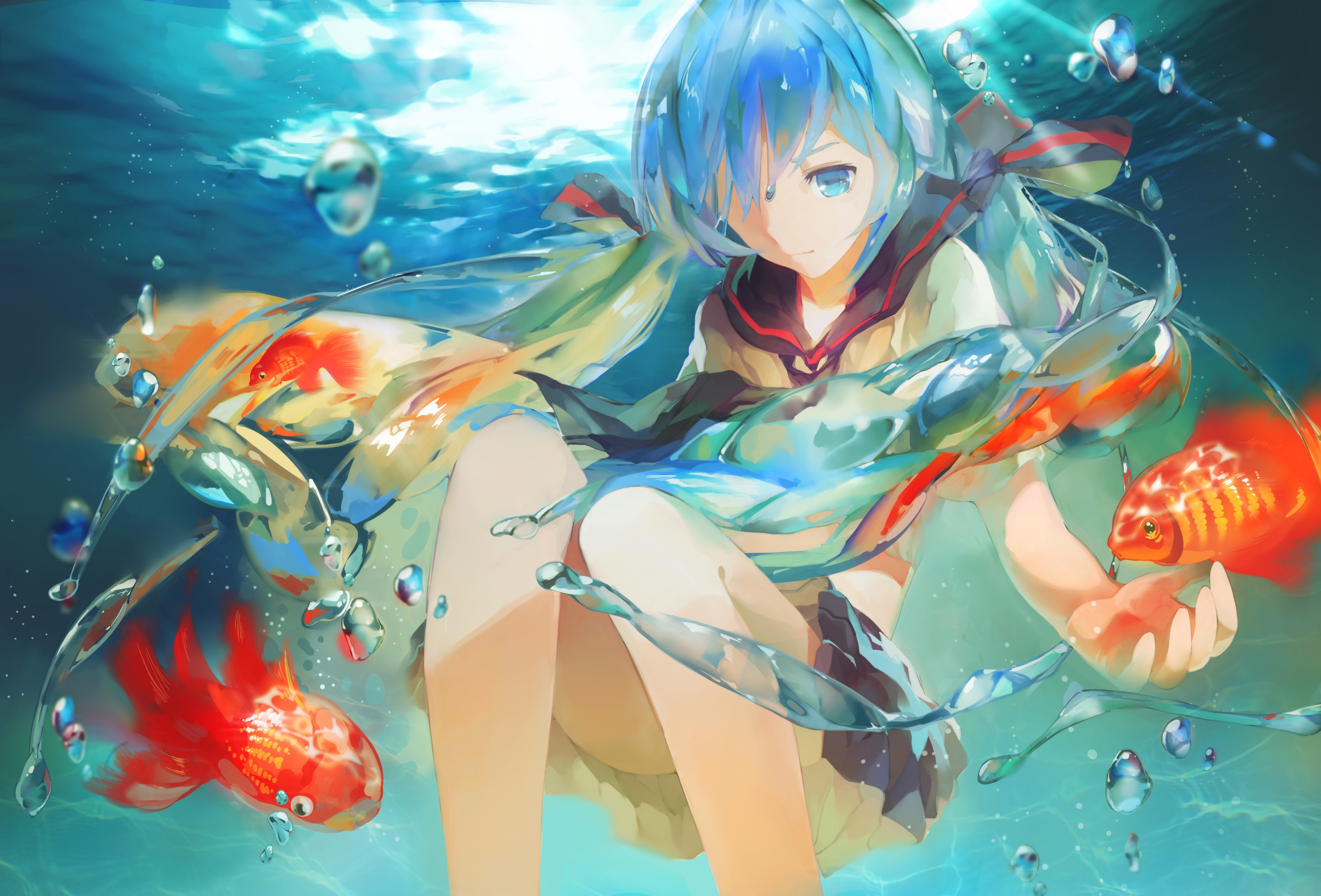 Hatsune Miku underwater with goldfish HD Wallpaper