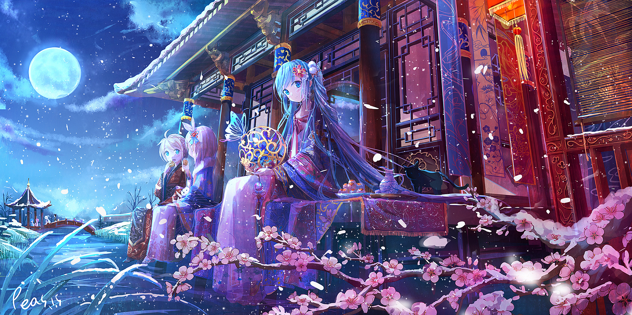 Hatsune Miku and friends in a snowy Japanese garden HD Wallpaper