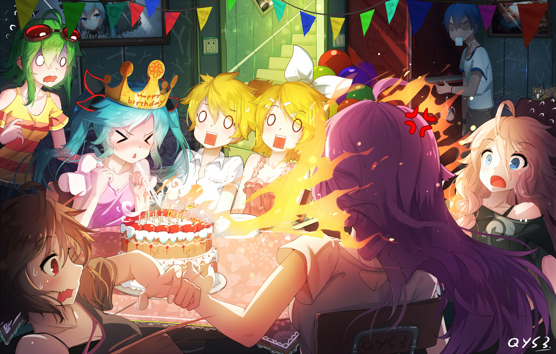 Hatsune Miku and friends at a birthday party HD Wallpaper