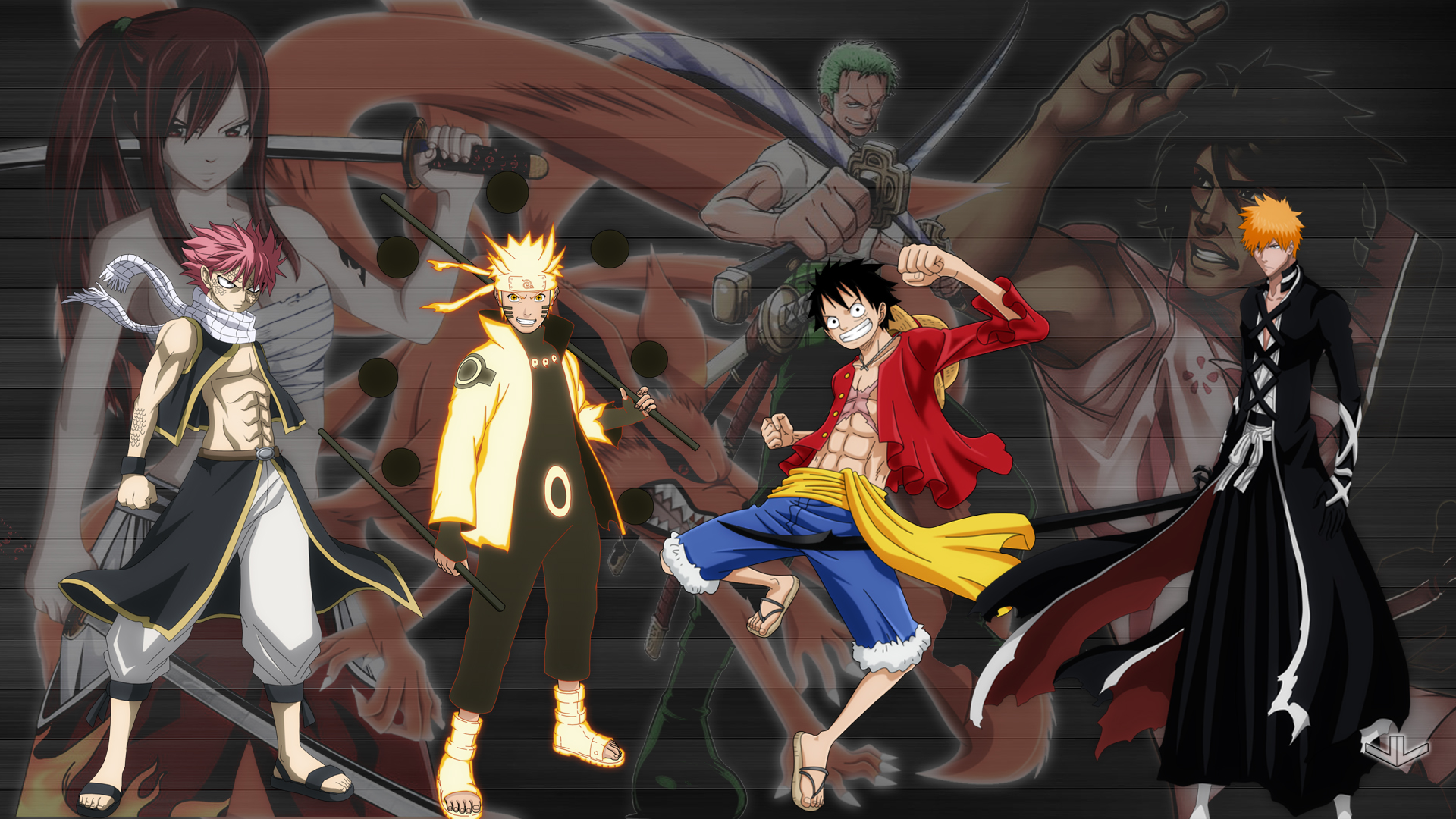 Natsu, Naruto, Luffy, Zoro, Ichigo, and Erza HD Wallpaper