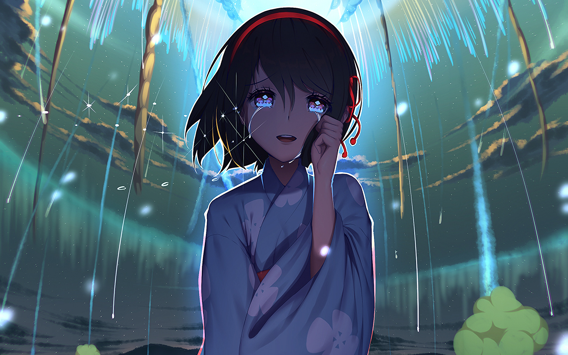 Mitsuha Miyamizu crying during fireworks HD Wallpaper