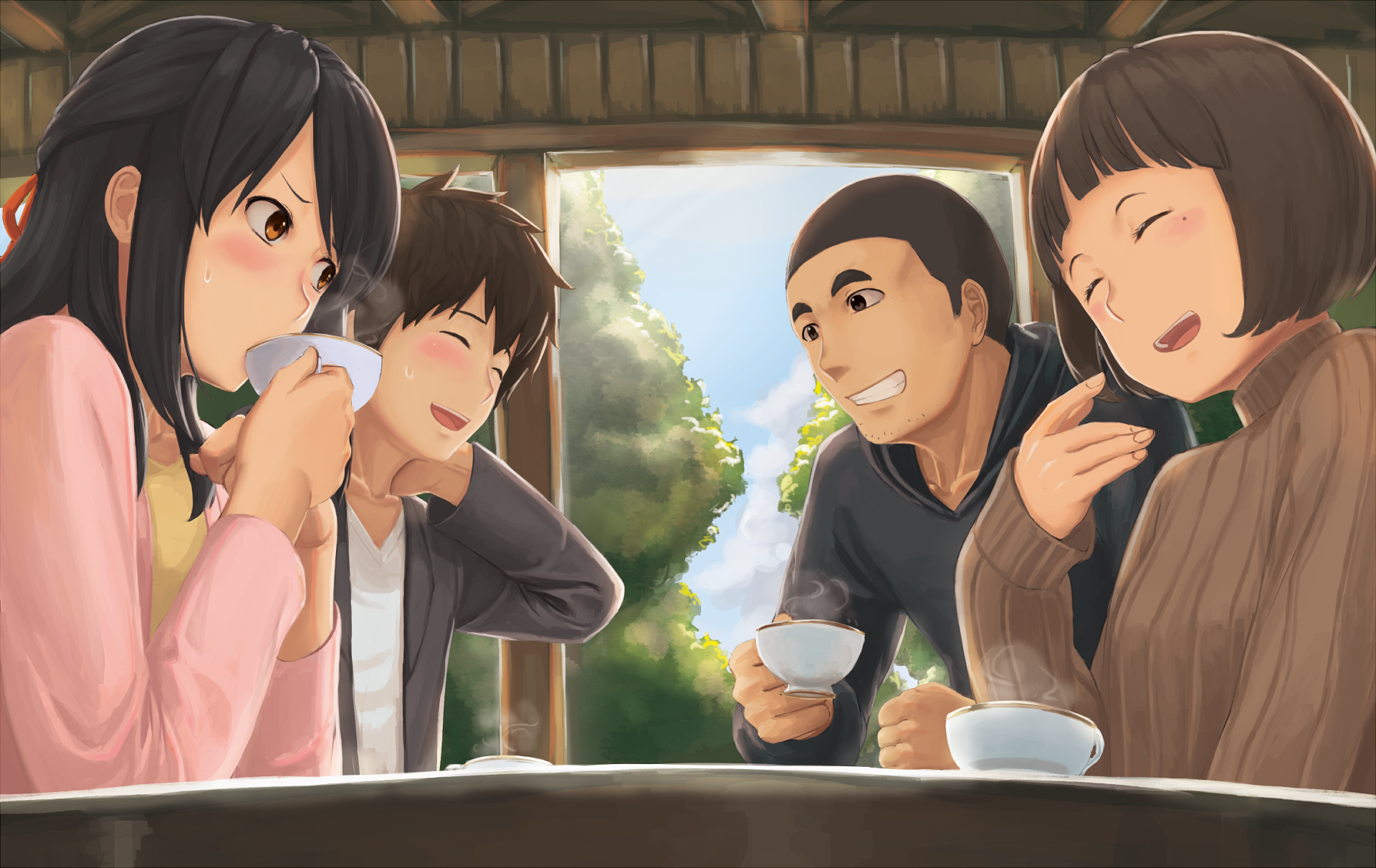 Mitsuha Miyamizu and friends drinking tea HD Wallpaper