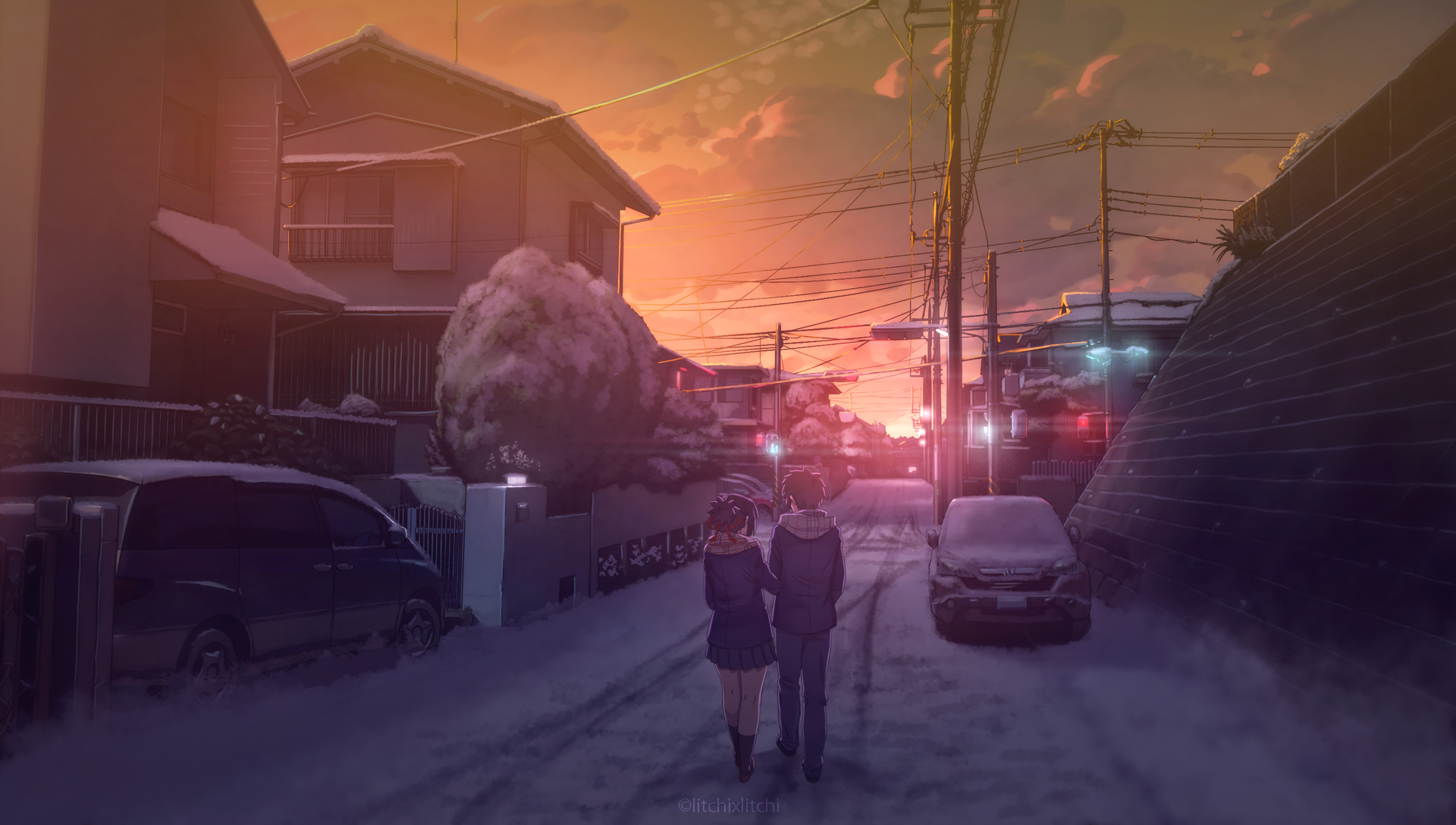 Mitsuha Miyamizu walking in a snowy town at sunset HD Wallpaper