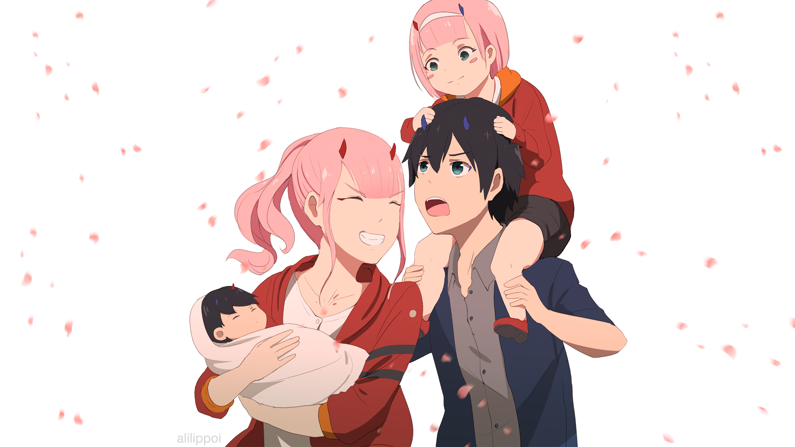 Zero Two and Hiro with children from Darling in the FranXX HD Wallpaper