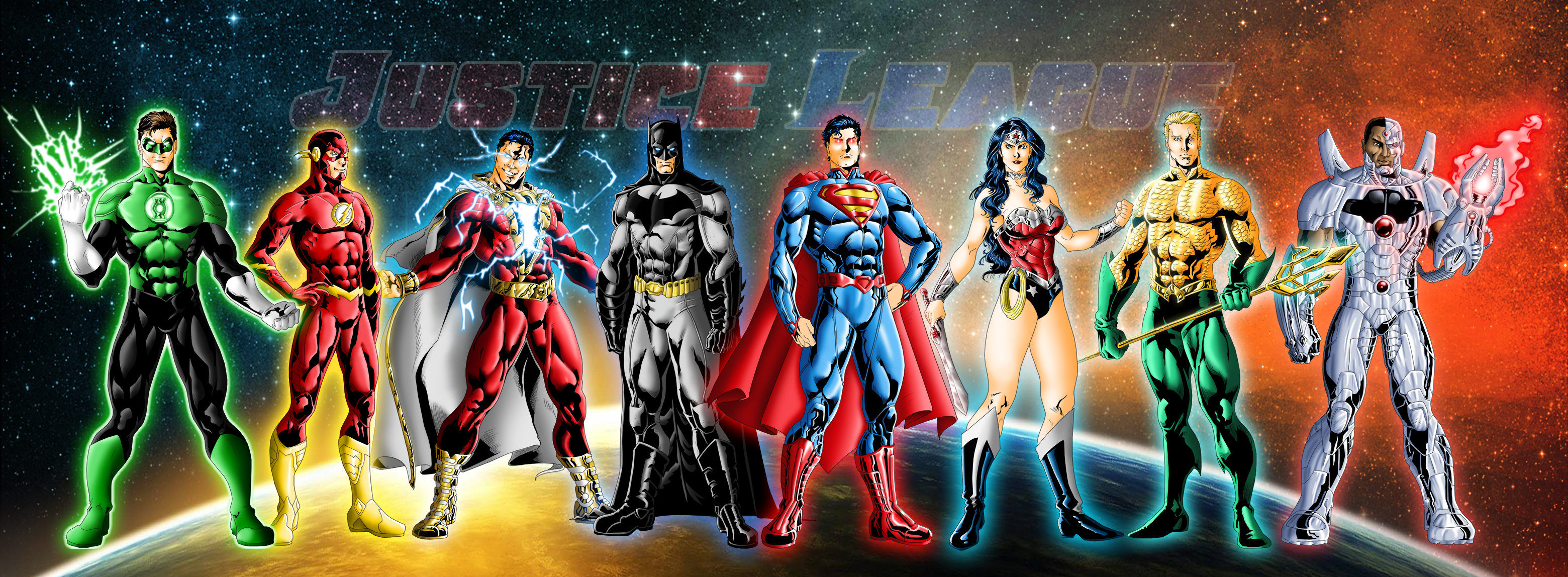 Justice League: Green Lantern, Flash, Shazam, Batman, Superman, Wonder Woman, Aquaman, Cyborg HD Wallpaper