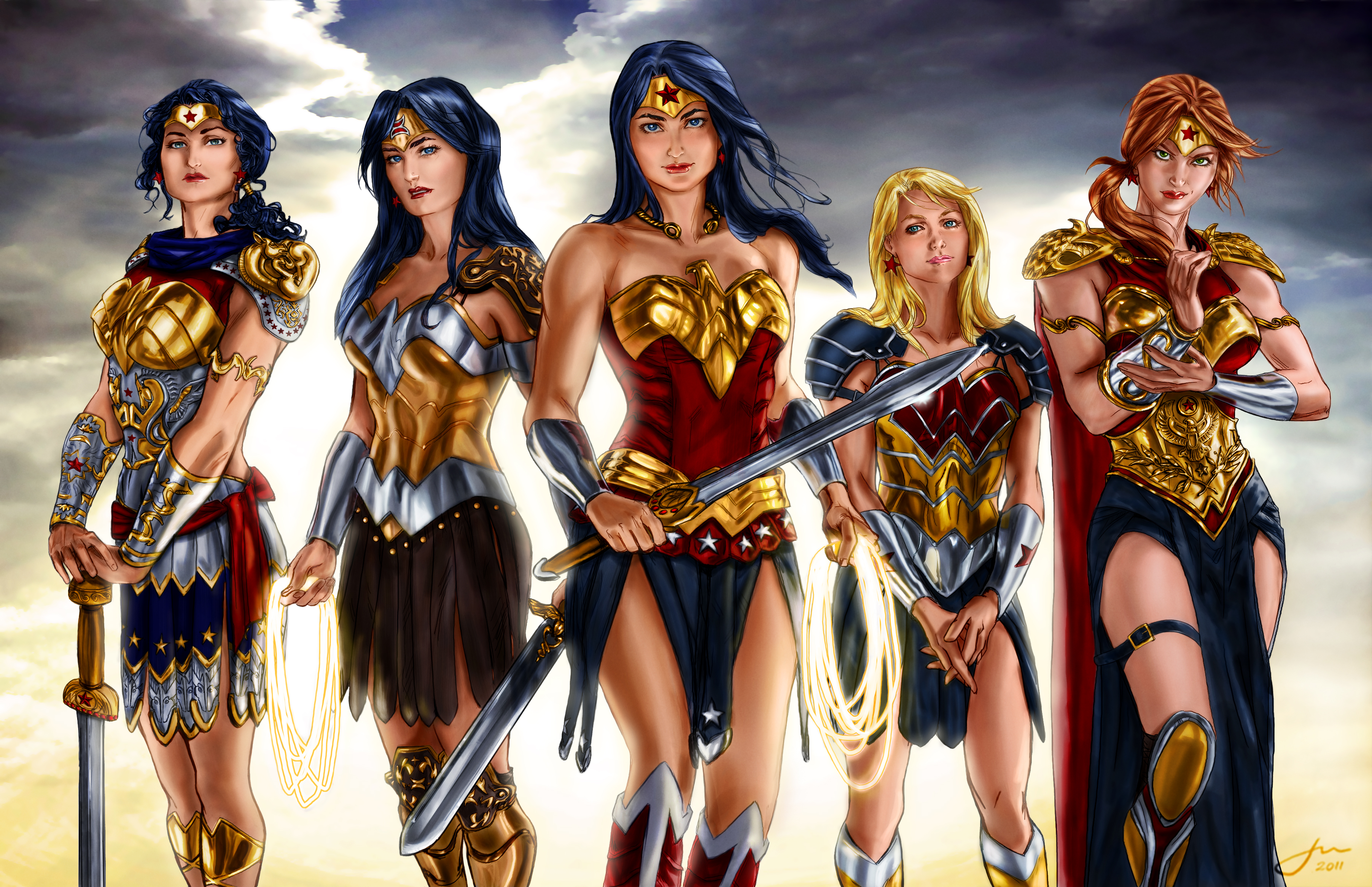 Five Wonder Women standing together HD Wallpaper