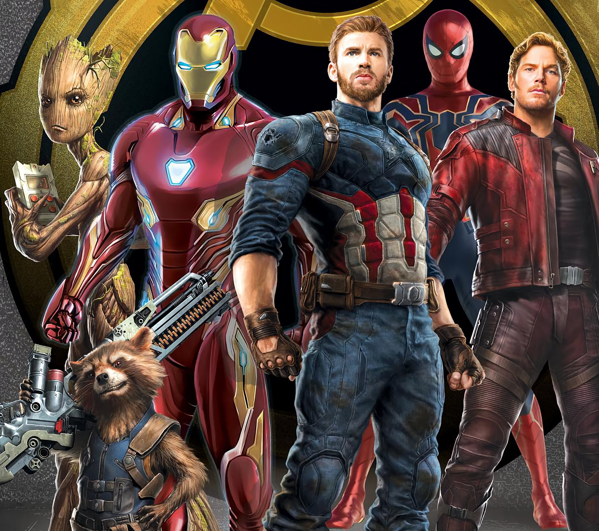 Marvel Cinematic Universe characters including Iron Man, Captain America, Spider-Man, Groot, Rocket, and Star-Lord HD Wallpaper
