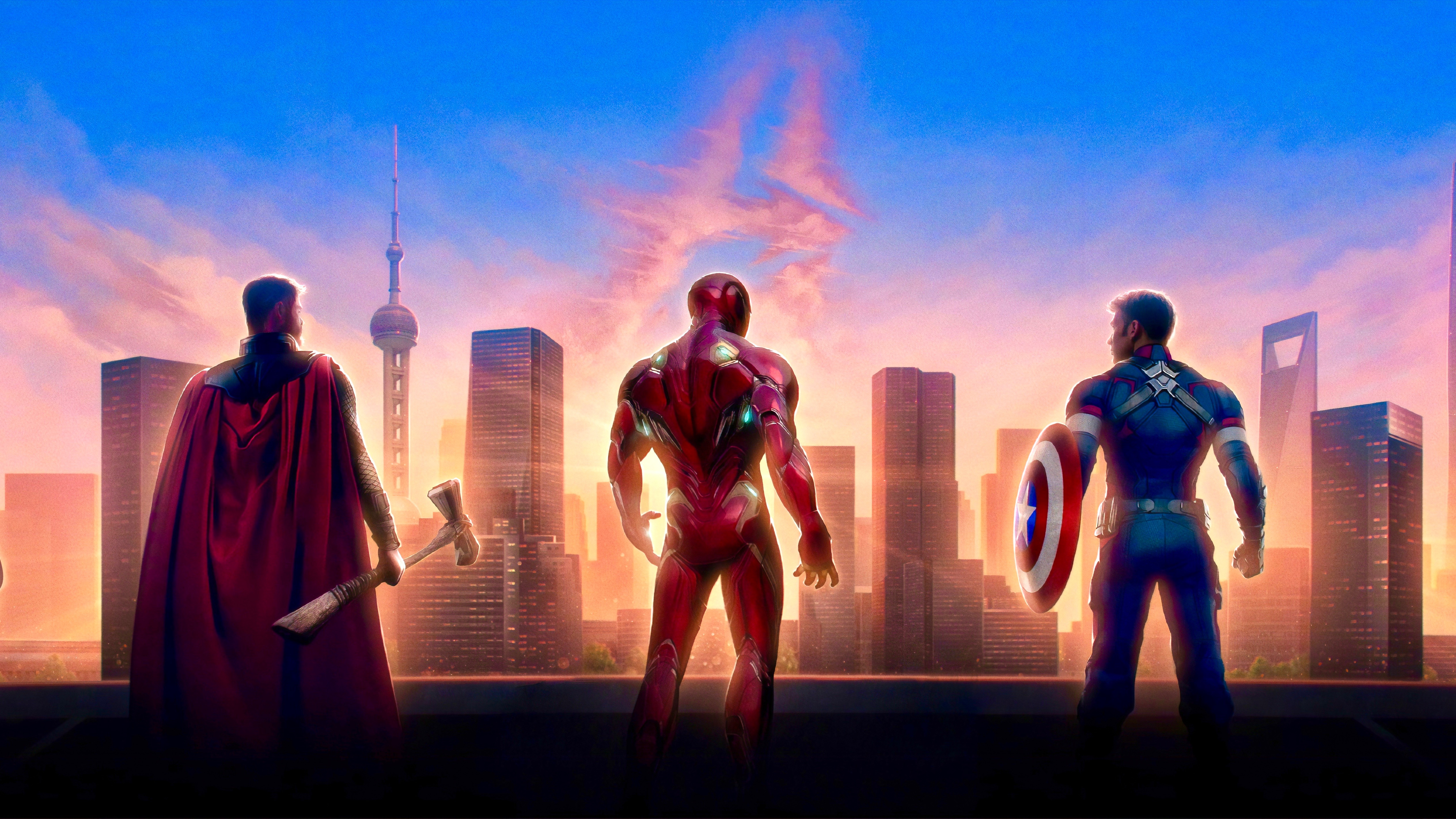 Captain America, Iron Man, and Thor in Shanghai HD Wallpaper