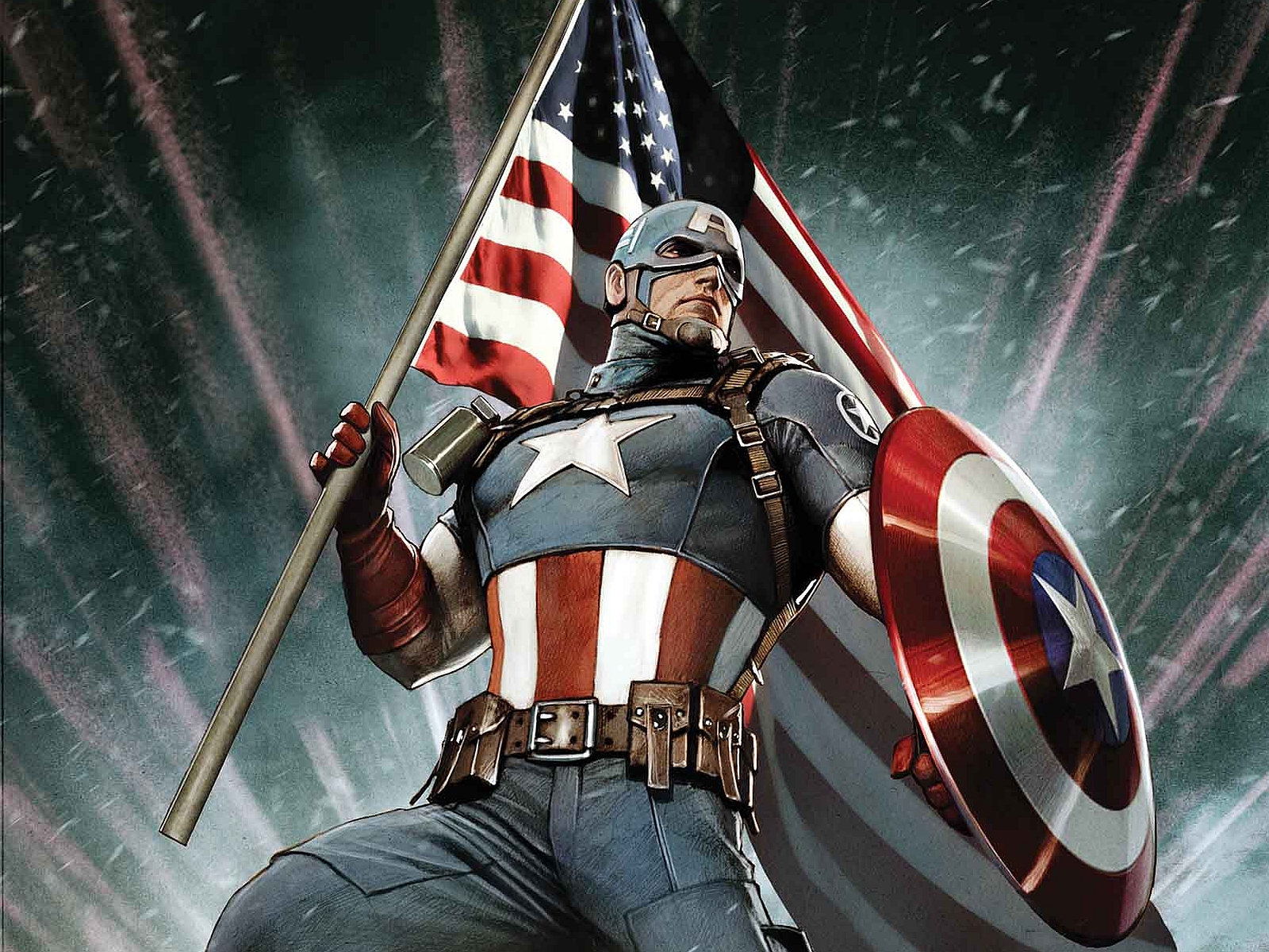 Captain America holding American flag and shield HD Wallpaper