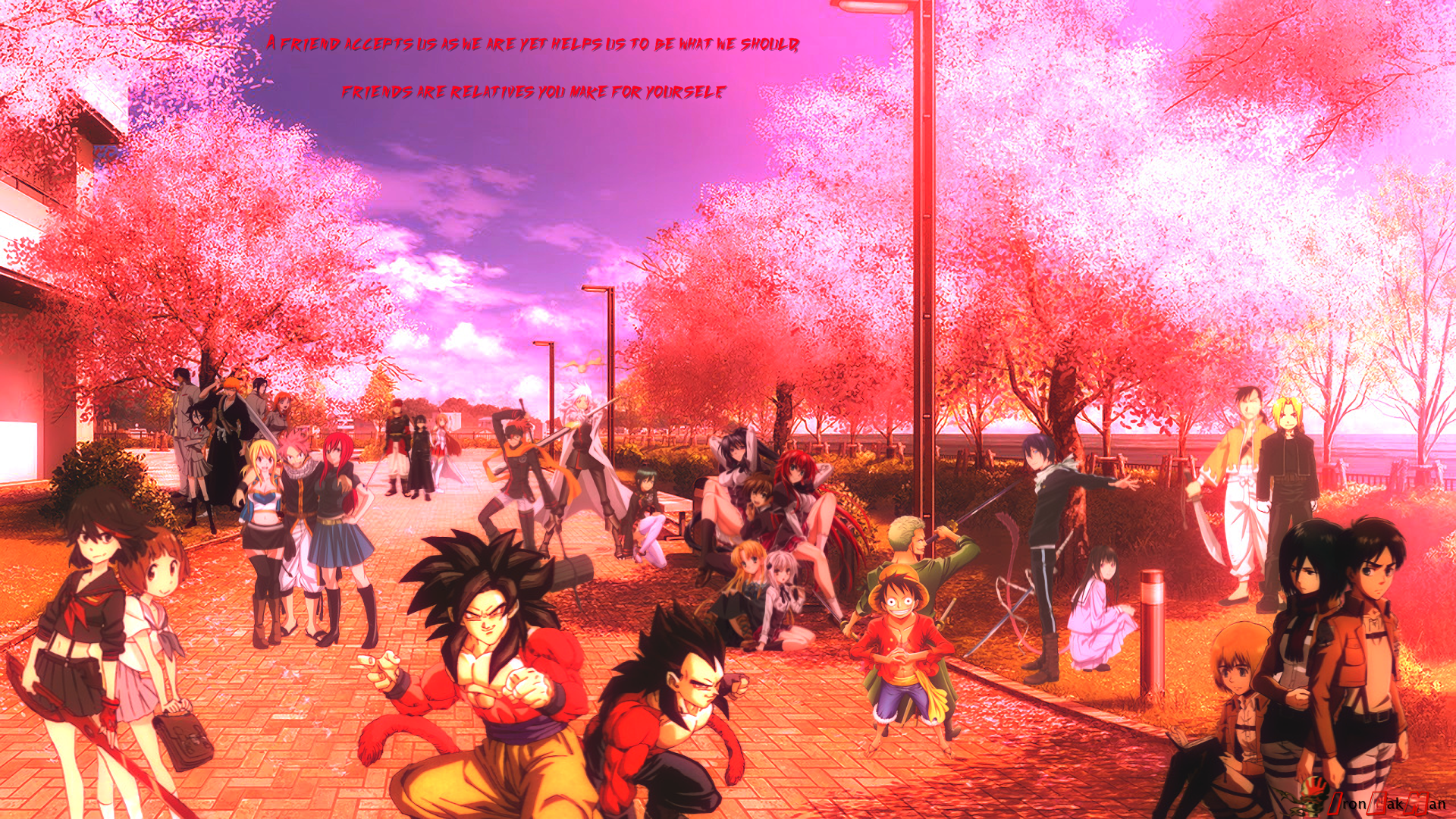 Anime characters in a park with cherry blossoms HD Wallpaper