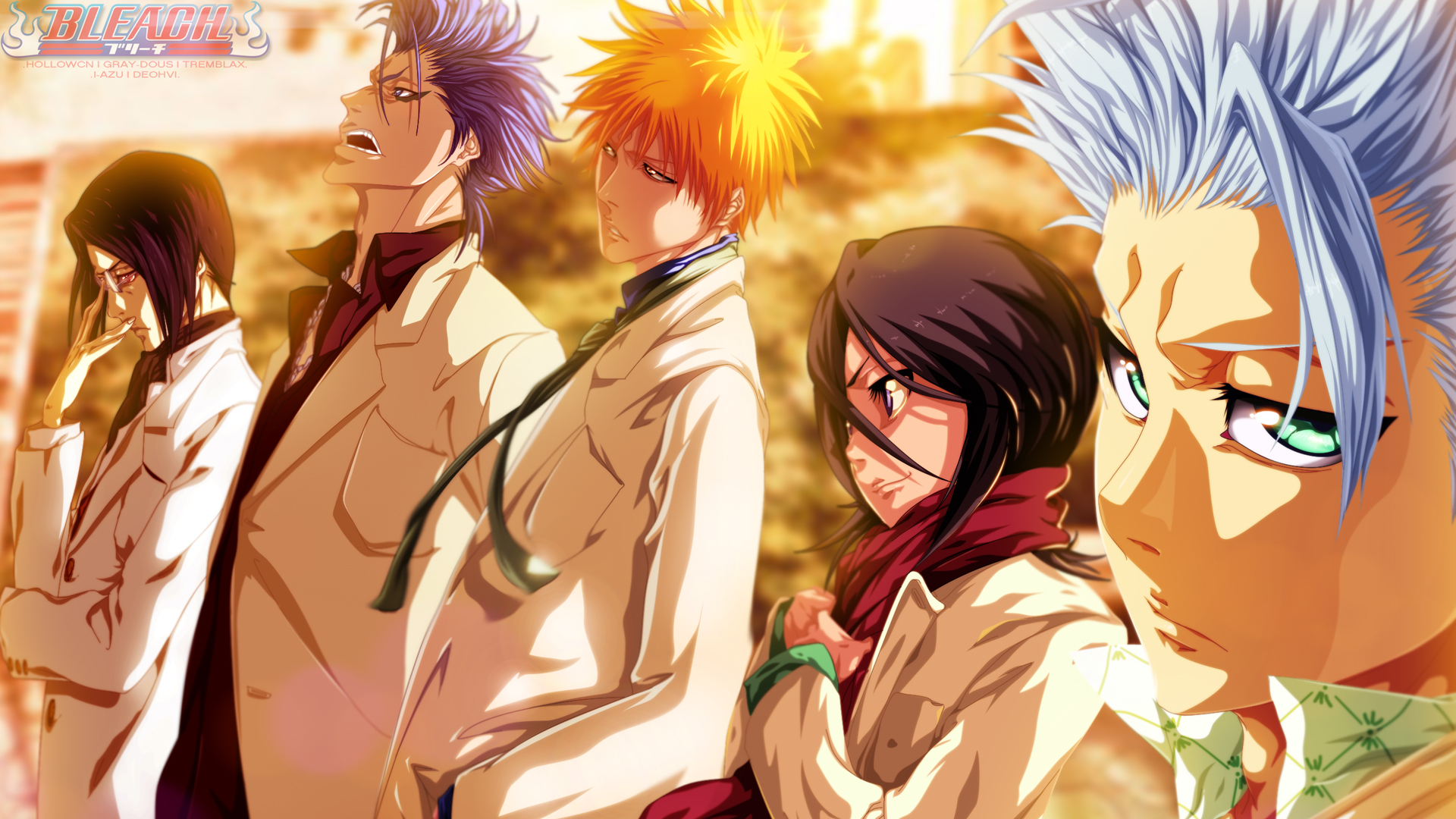 Bleach characters Rukia Kuchiki, Ichigo Kurosaki, Renji Abarai, Byakuya Kuchiki, and Toshiro Hitsugaya HD Wallpaper