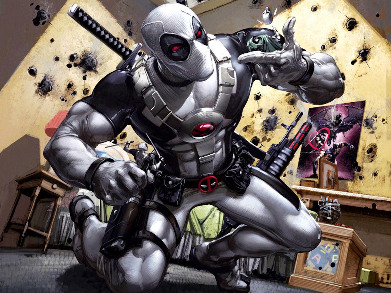 Deadpool in a room with bullet holes HD Wallpaper