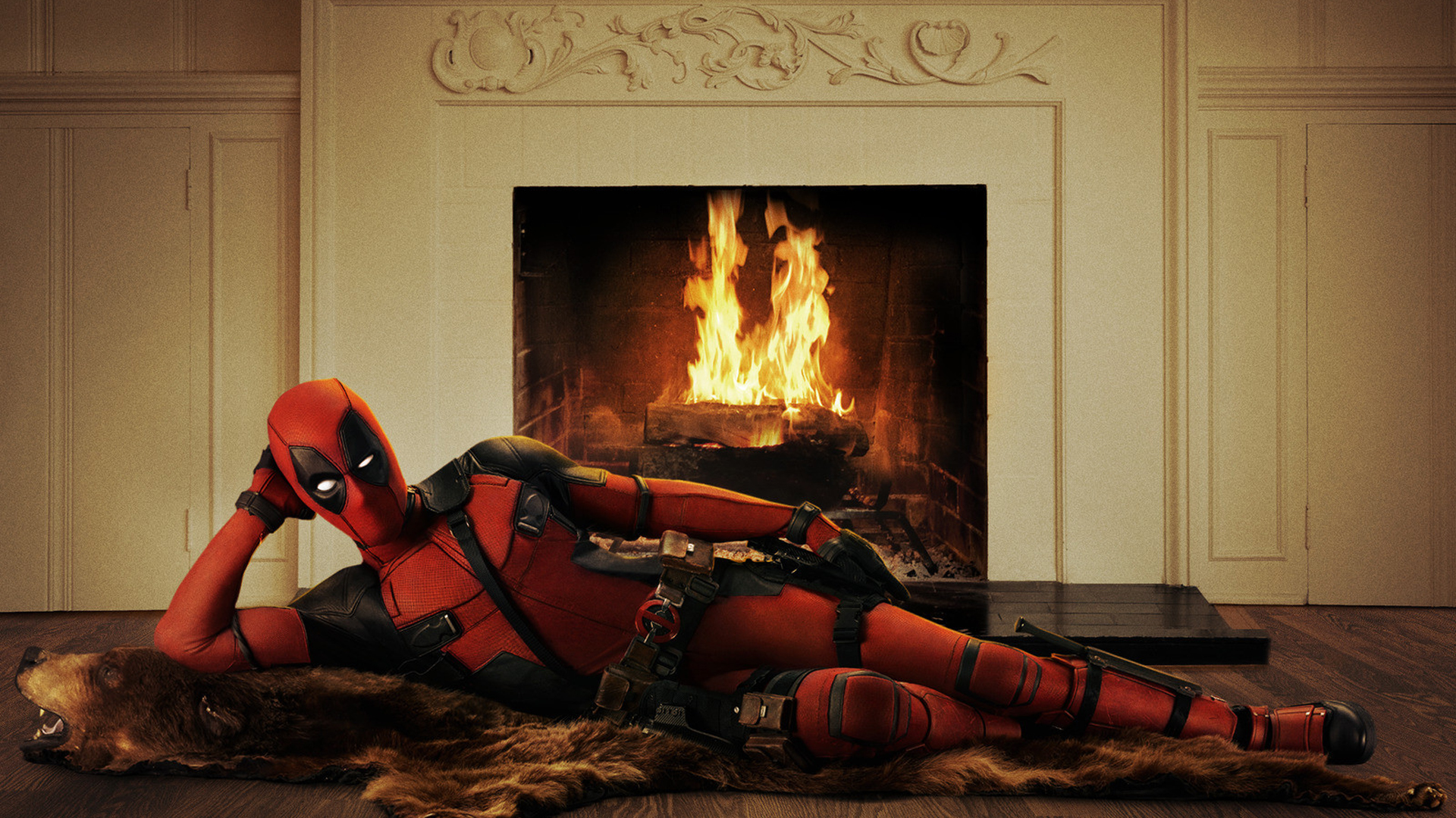 Deadpool by a fireplace HD Wallpaper