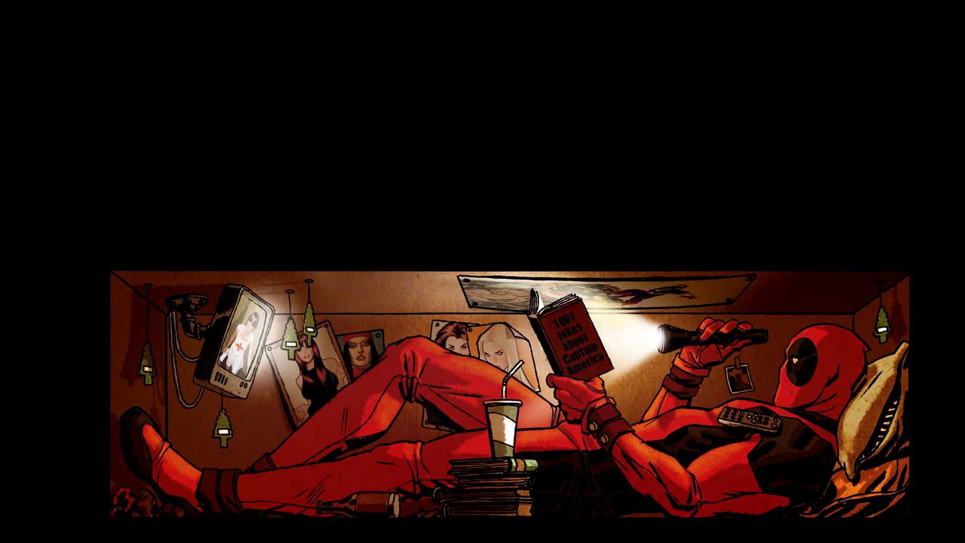 Deadpool reading a book with a flashlight HD Wallpaper