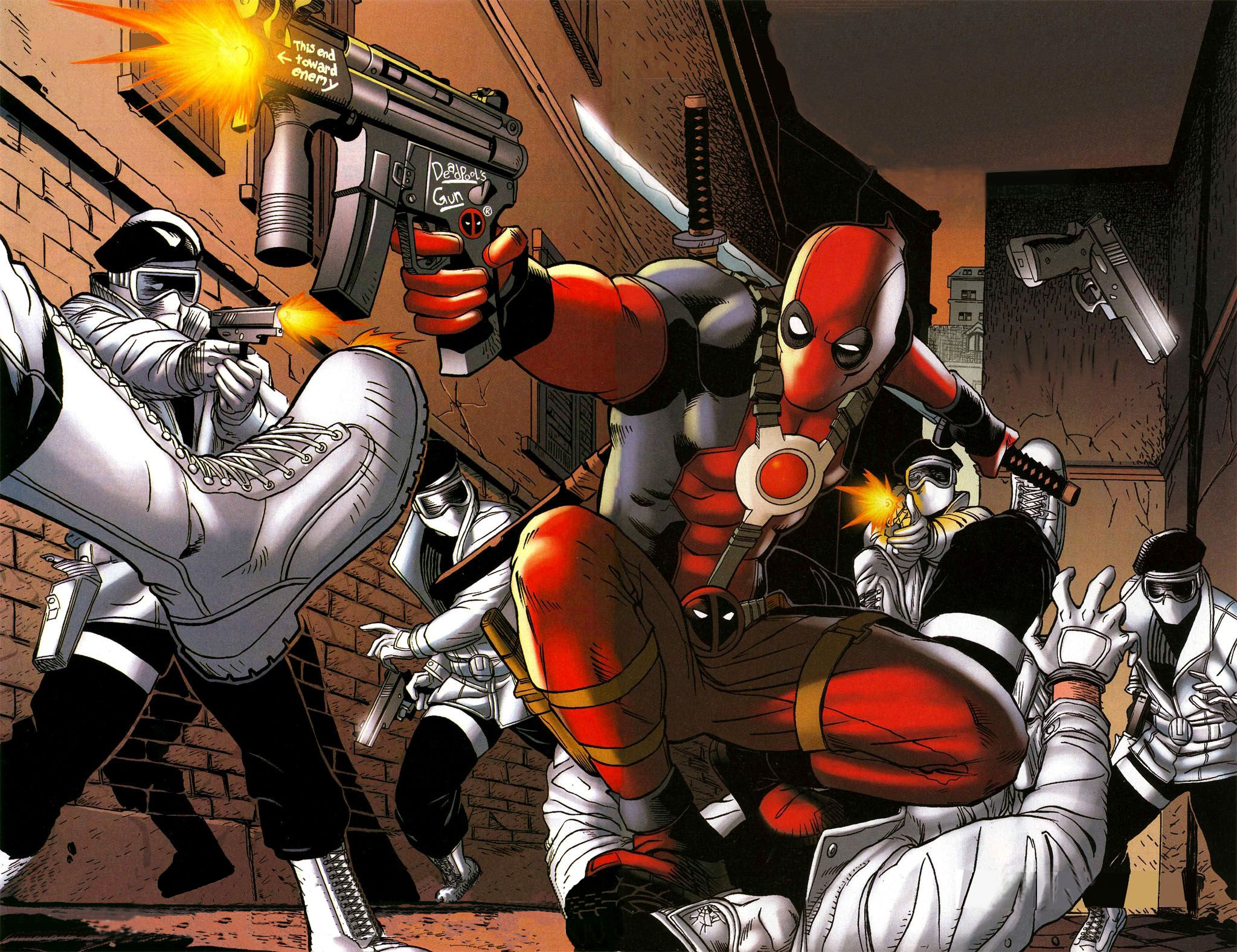 Deadpool fighting armed men in alley HD Wallpaper