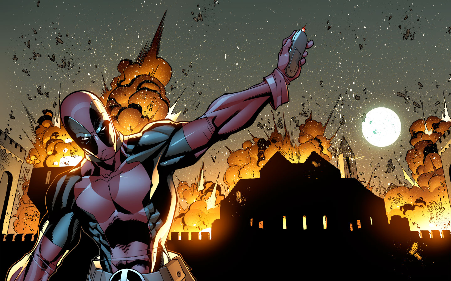 Deadpool detonating explosives in a city at night HD Wallpaper