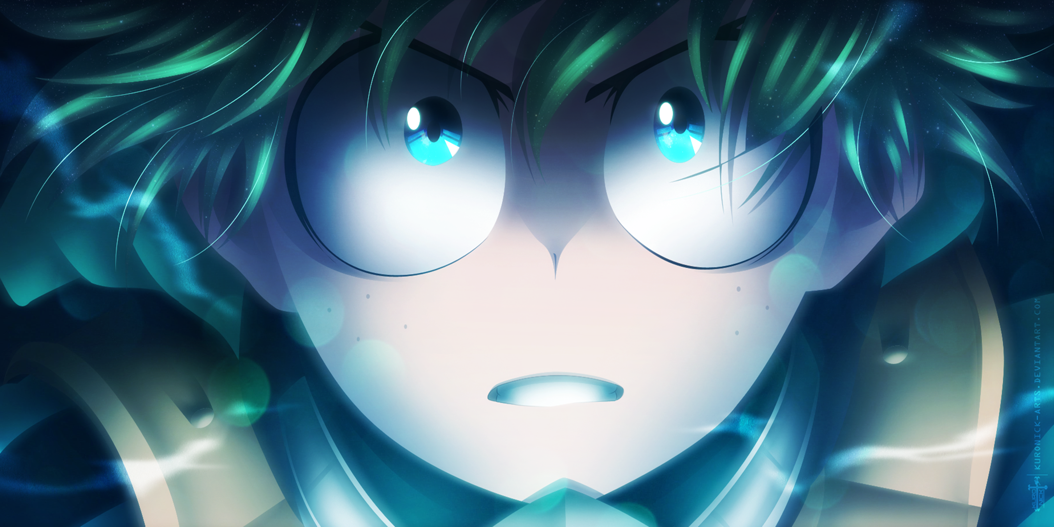 Determined Izuku Midoriya Close-Up with Glowing Eyes HD Wallpaper
