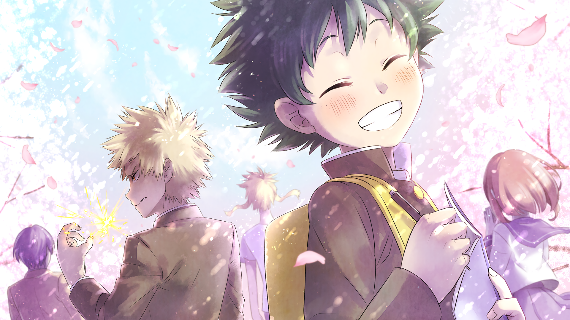 Izuku Midoriya and friends under cherry blossoms HD Wallpaper