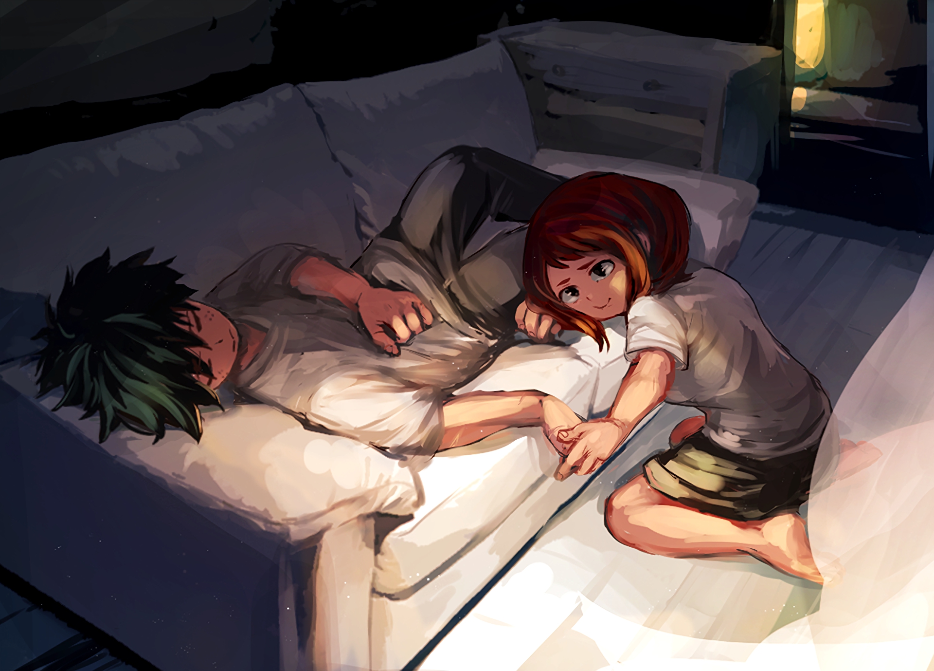 Izuku Midoriya and Ochaco Uraraka lying on a bed HD Wallpaper