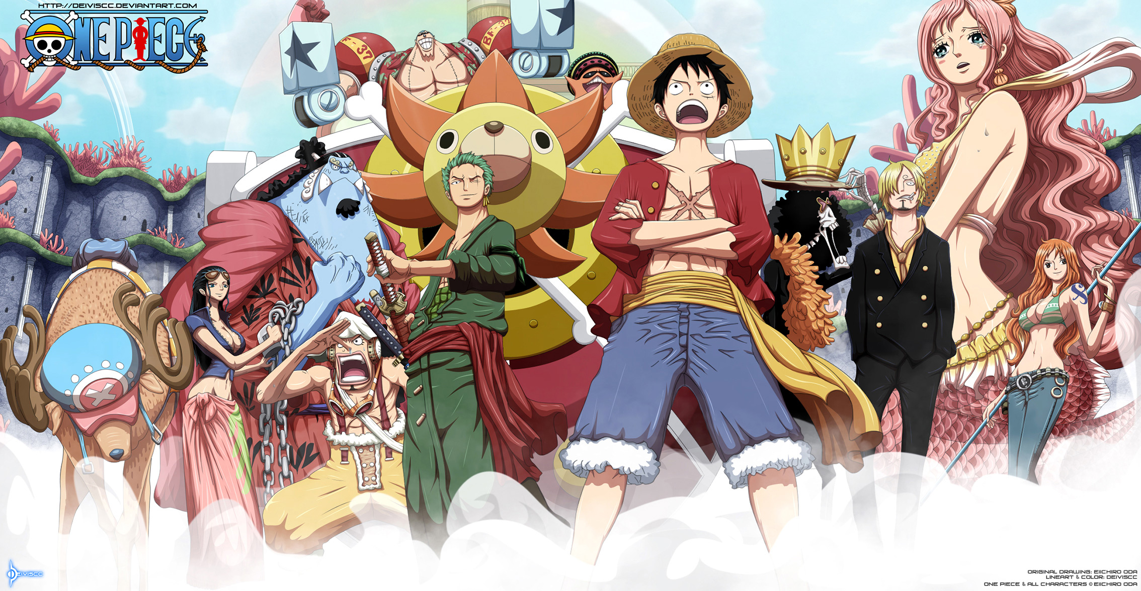 Monkey D. Luffy and One Piece Crew with Sunny Ship HD Wallpaper