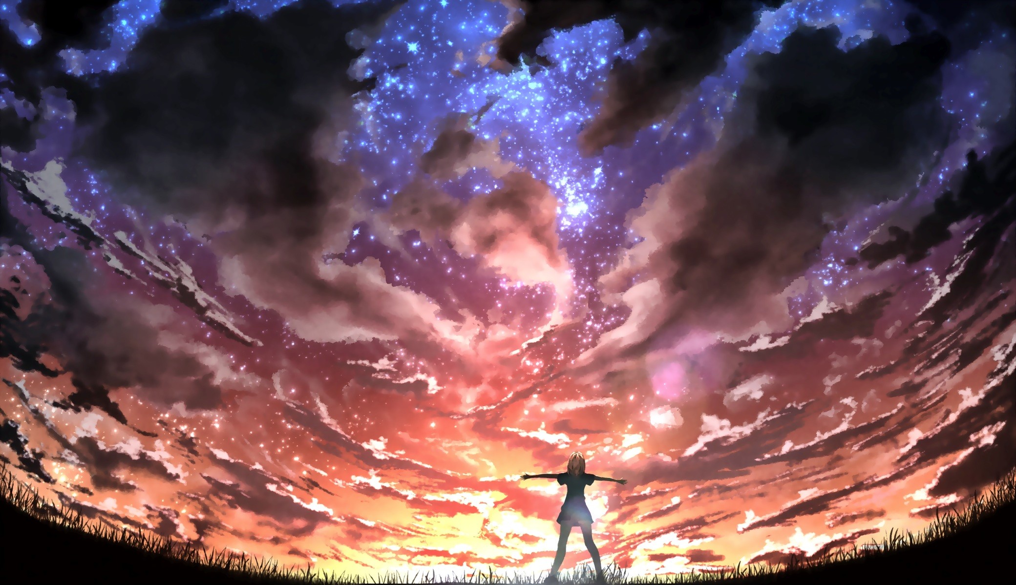 Girl with arms outstretched under starry sky HD Wallpaper