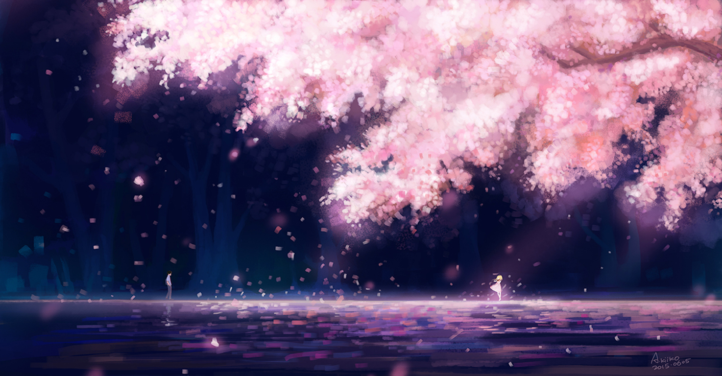 Kaori Miyazono under cherry blossoms HD Wallpaper