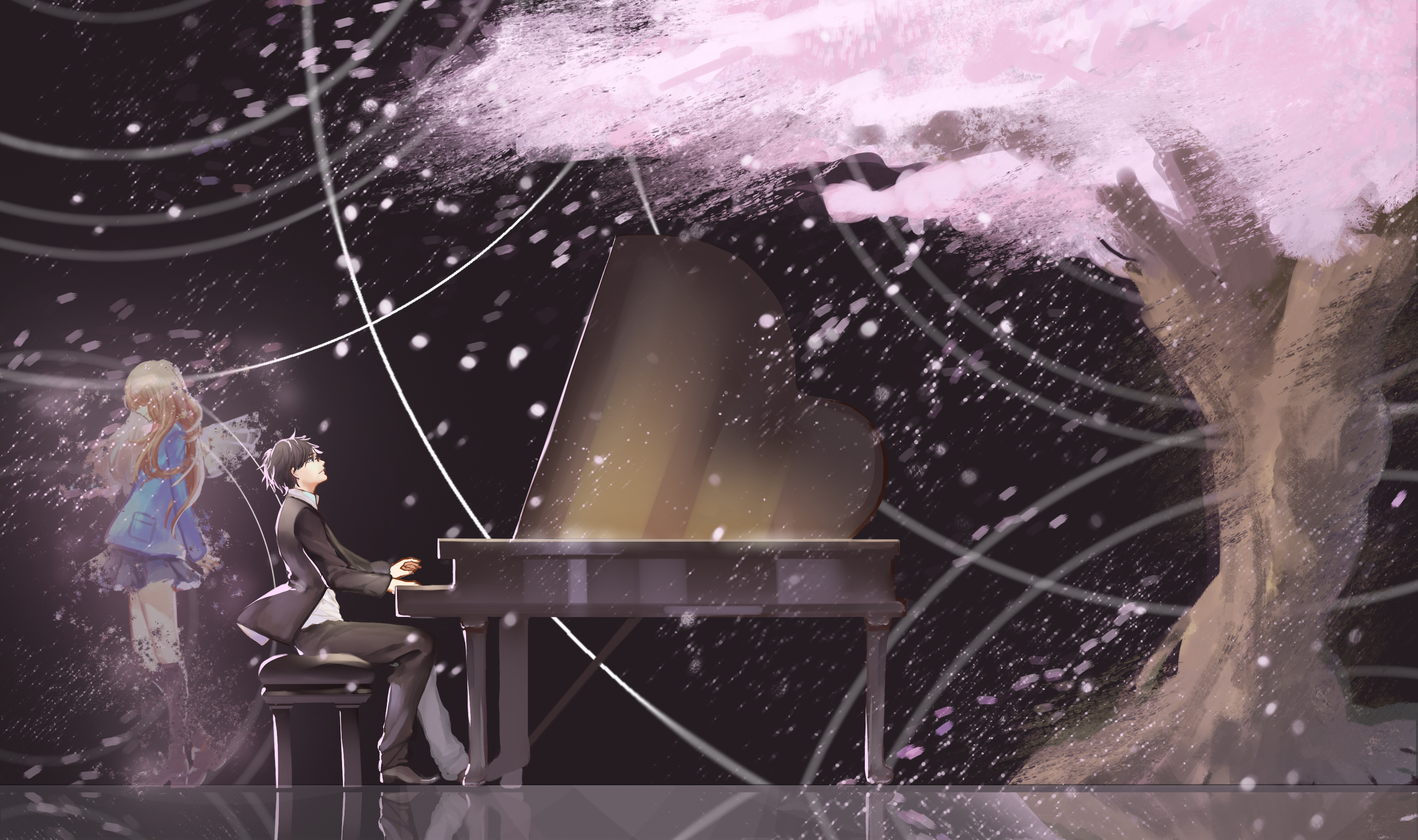 Kaori Miyazono playing piano under cherry blossoms HD Wallpaper