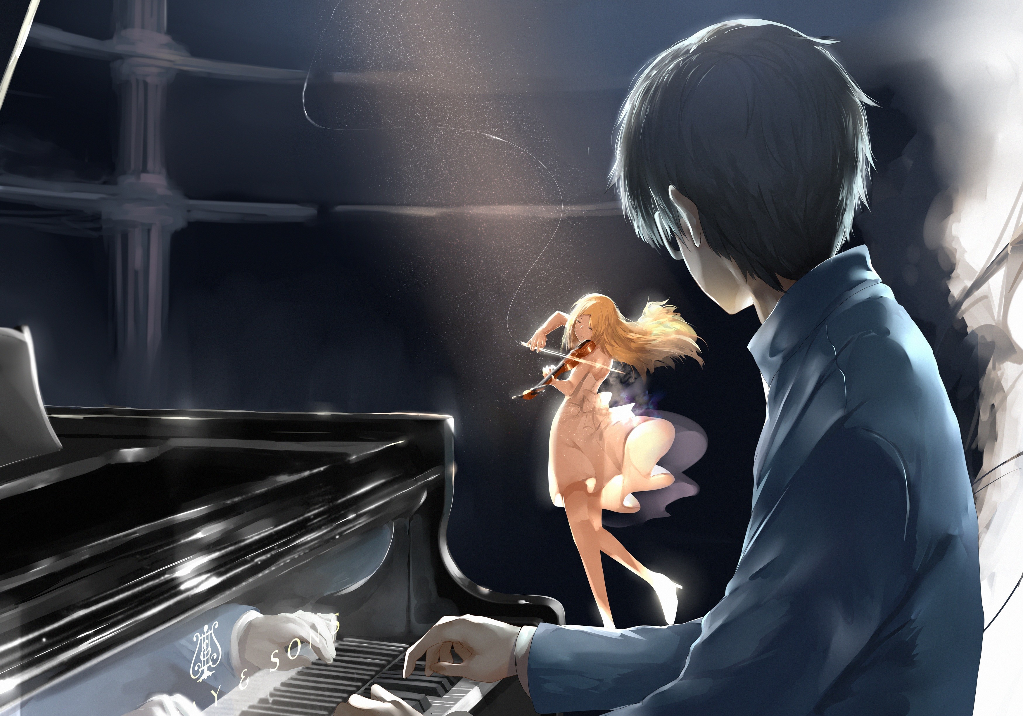 Kaori Miyazono playing violin with Kosei Arima playing piano HD Wallpaper
