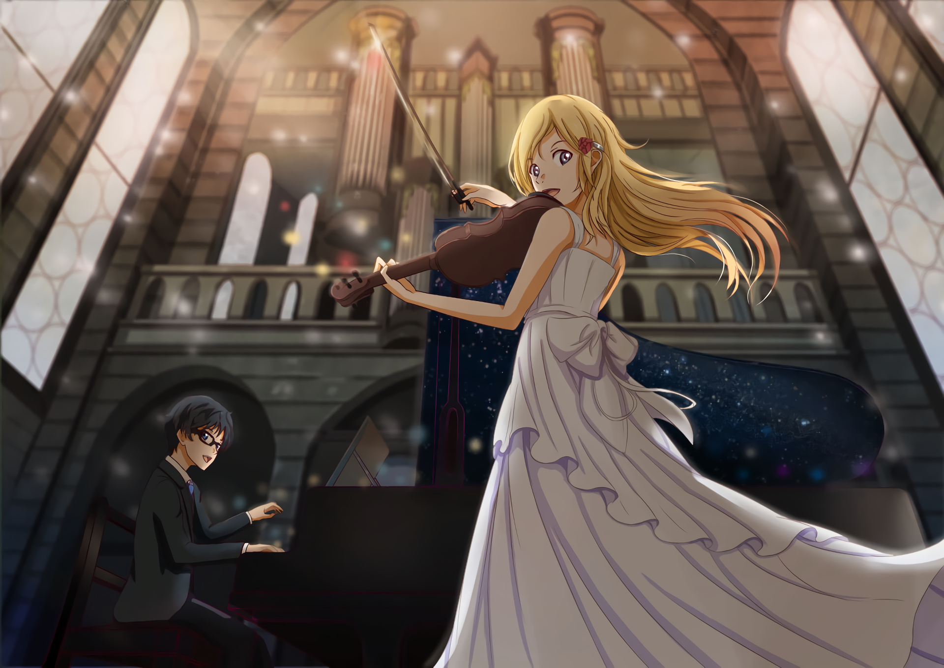 Kaori Miyazono playing violin with Kosei Arima at piano HD Wallpaper