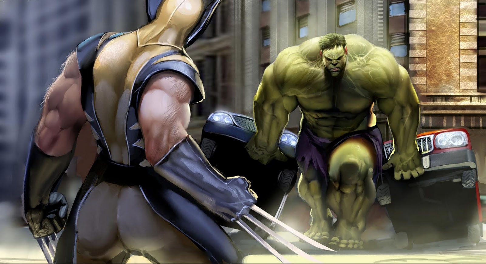 Wolverine and Hulk fighting in a city HD Wallpaper