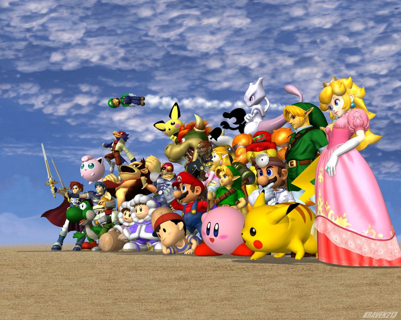 Super Smash Bros. characters on a sandy plain HD Wallpaper