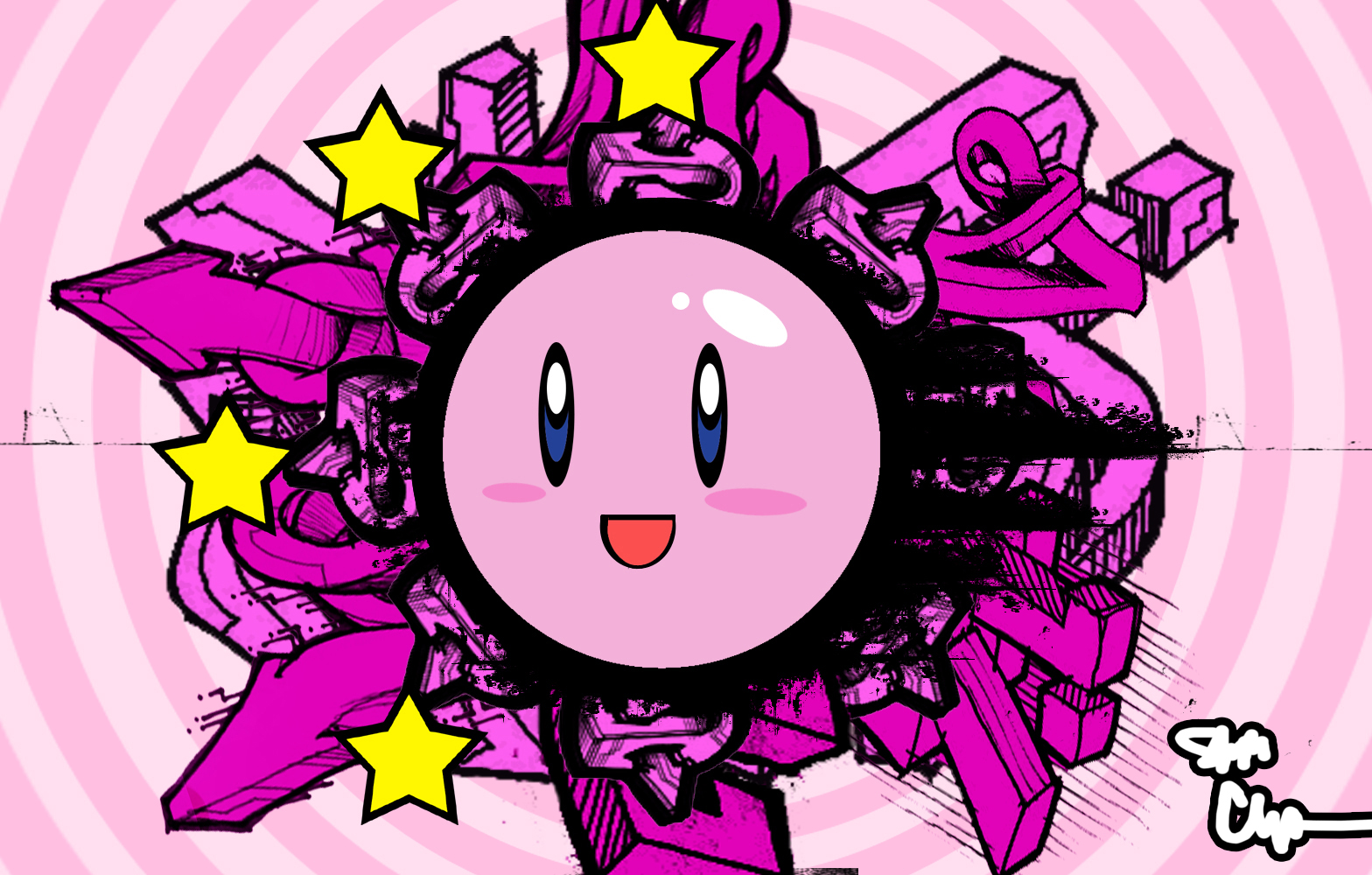 Kirby with Pink Graffiti and Yellow Stars HD Wallpaper