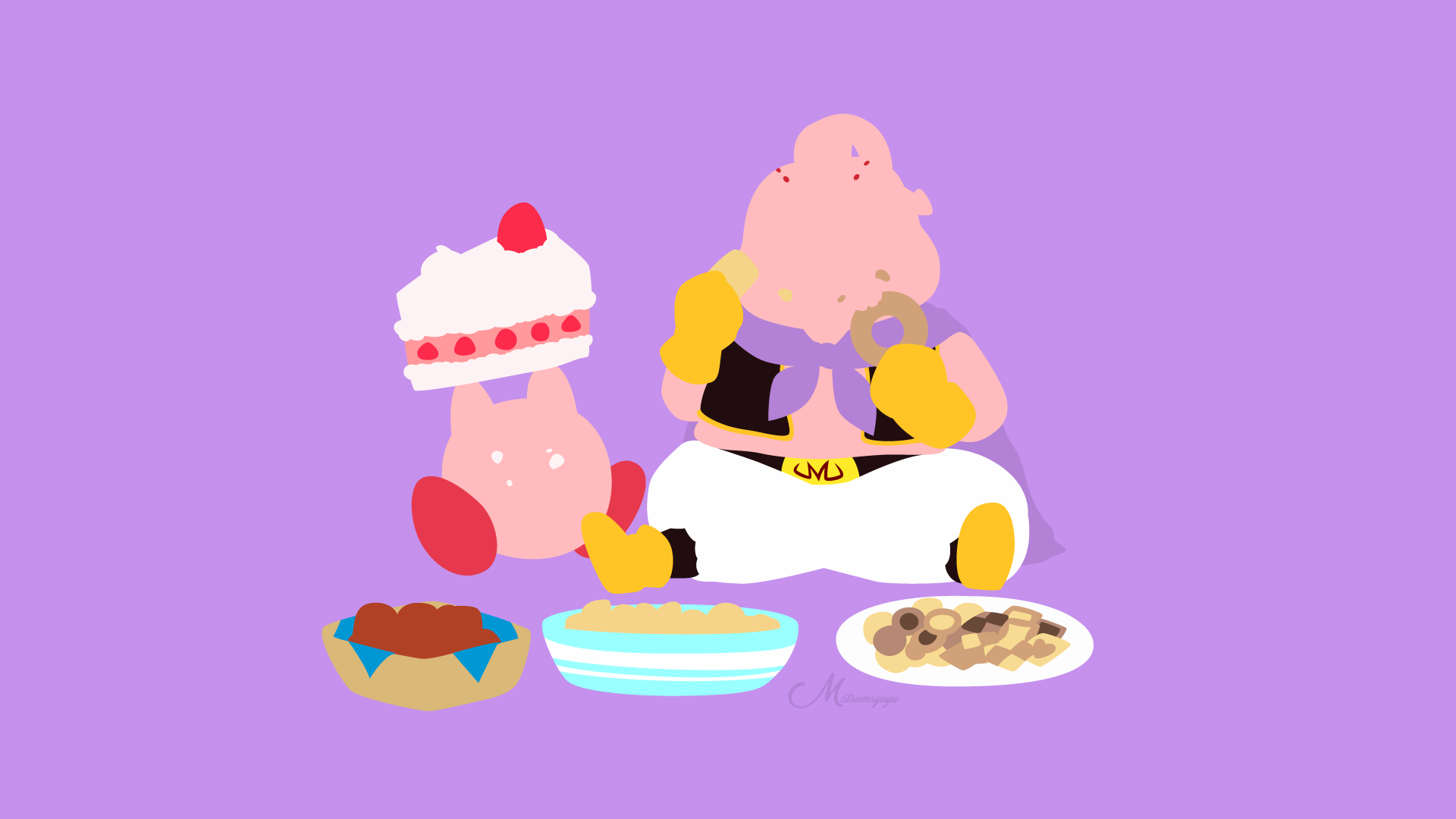Majin Buu and Kirby eating sweets HD Wallpaper