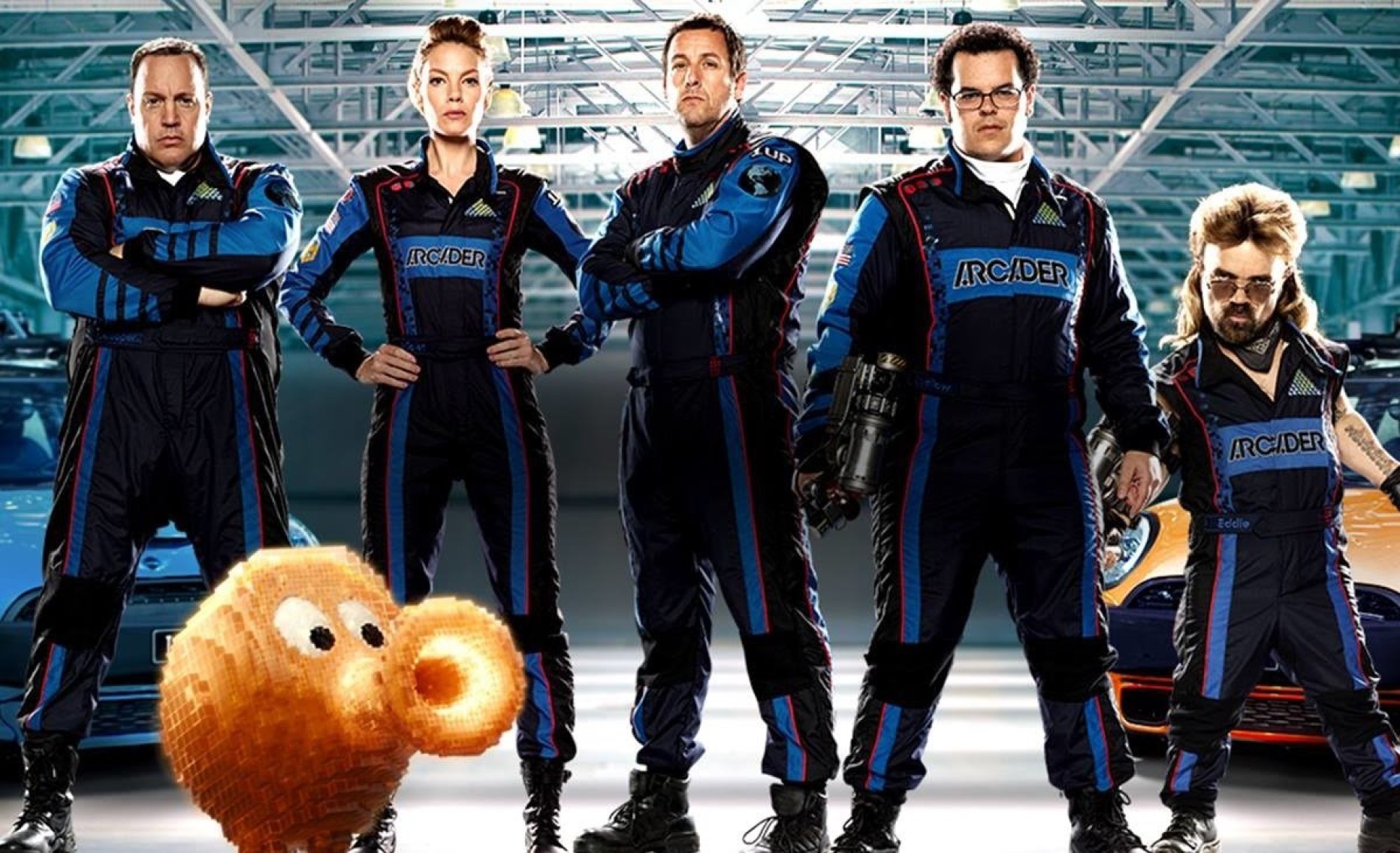 Cast of Pixels posing in racing suits with a character HD Wallpaper